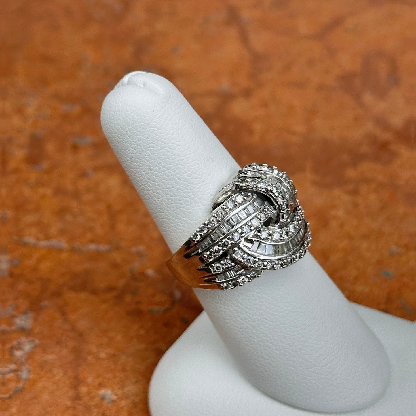 Estate 10KT White Gold Baguette + Round Knot Dome Ring