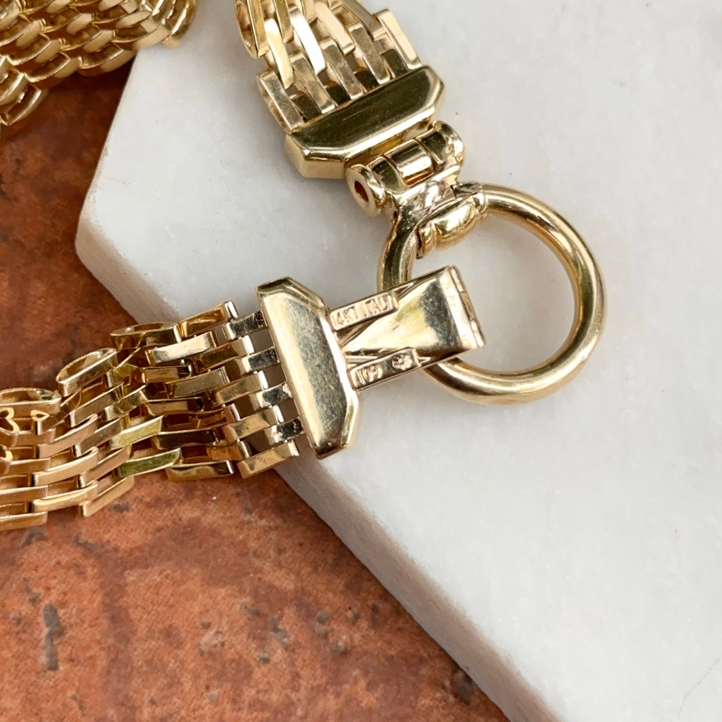 Estate 14KT Yellow Gold Panther Mesh Chain + Large Ring Clasp Diamond Bracelet