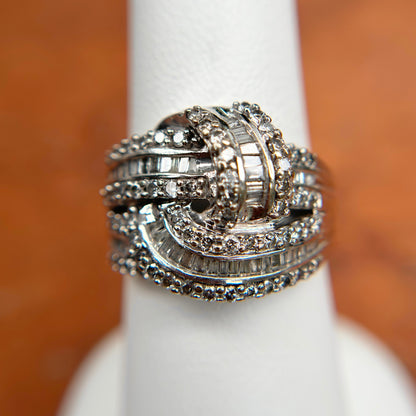 Estate 10KT White Gold Baguette + Round Knot Dome Ring