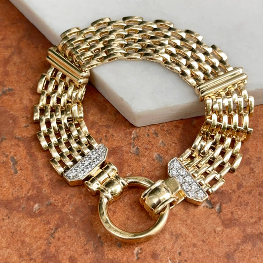 Estate 14KT Yellow Gold Panther Mesh Chain + Large Ring Clasp Diamond Bracelet