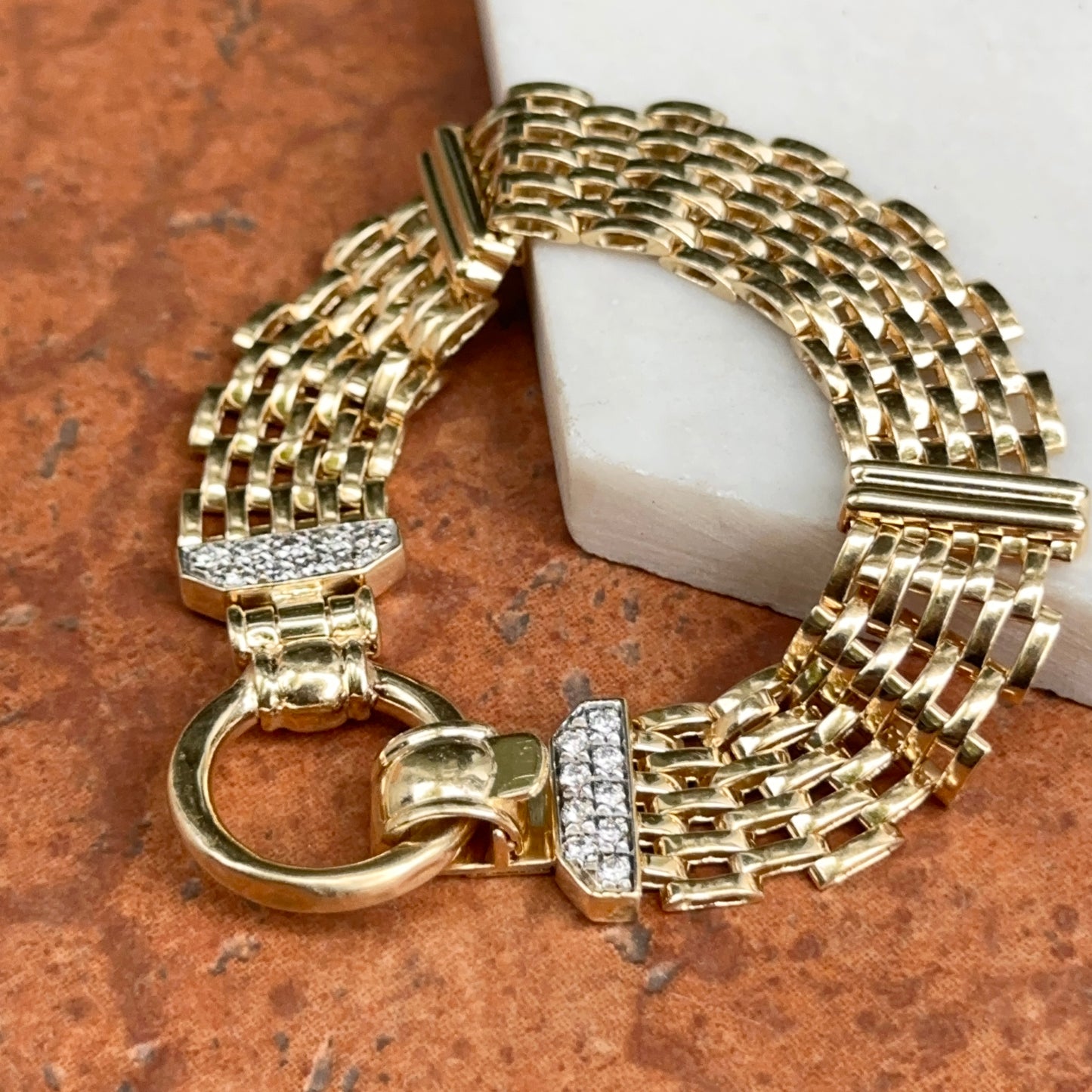 Estate 14KT Yellow Gold Panther Mesh Chain + Large Ring Clasp Diamond Bracelet