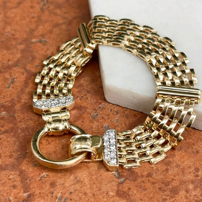 Estate 14KT Yellow Gold Panther Mesh Chain + Large Ring Clasp Diamond Bracelet