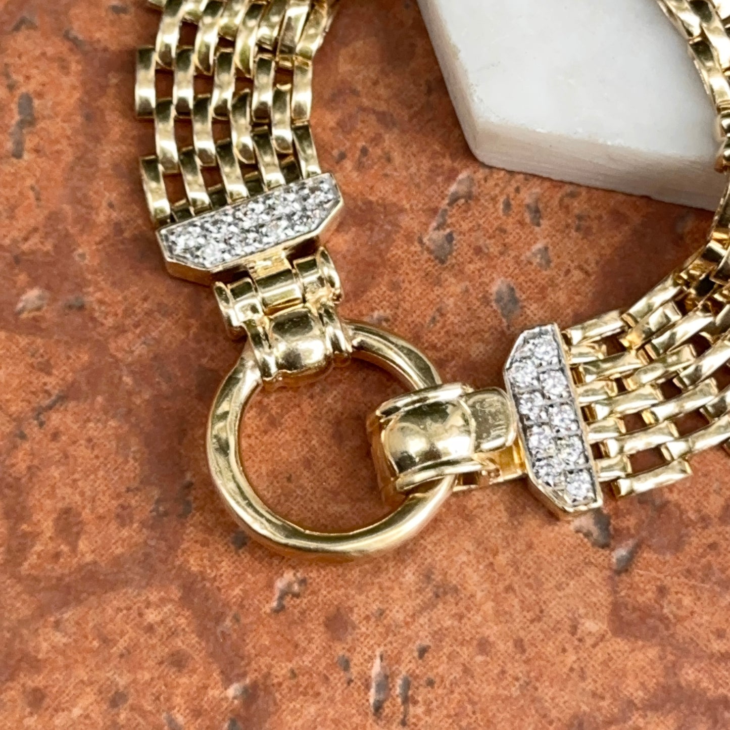 Estate 14KT Yellow Gold Panther Mesh Chain + Large Ring Clasp Diamond Bracelet