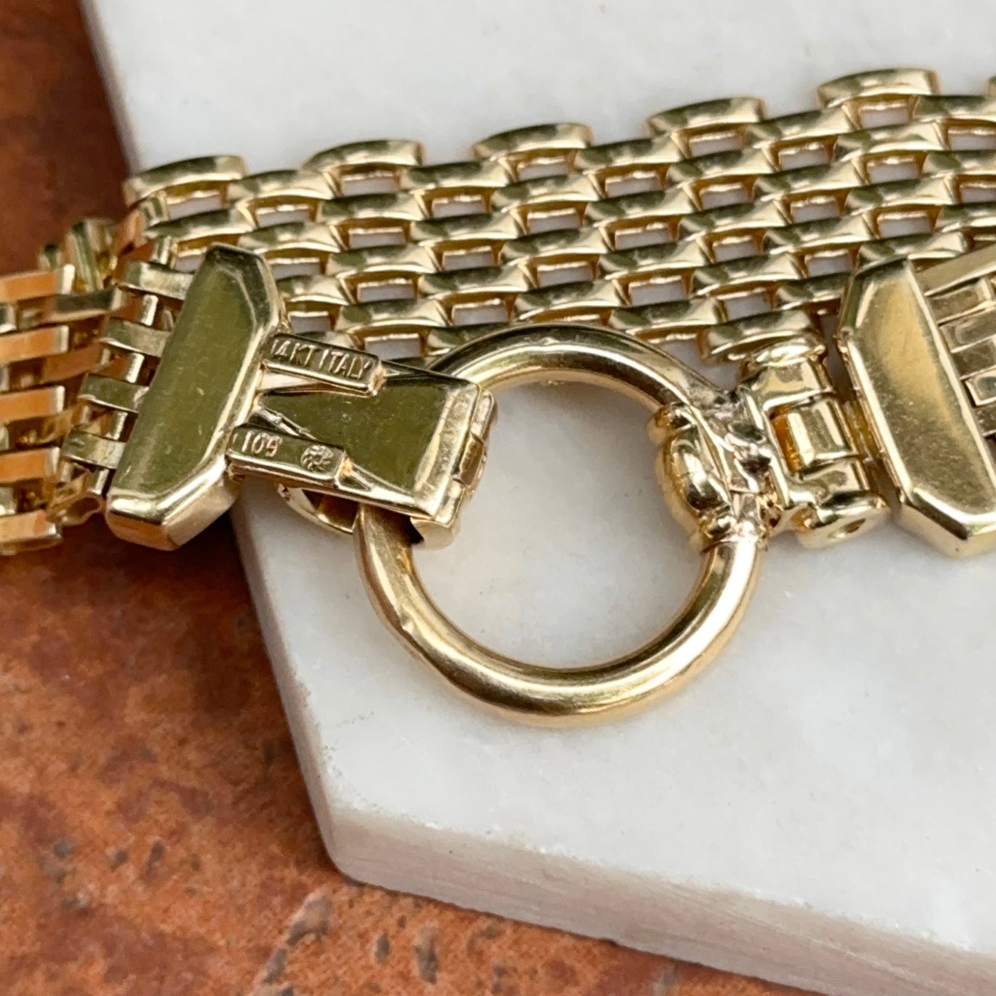 Estate 14KT Yellow Gold Panther Mesh Chain + Large Ring Clasp Diamond Bracelet