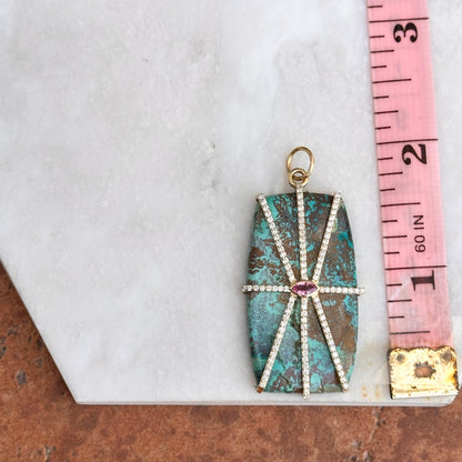 14KT Yellow Gold Rectangle Turquoise, Pink Sapphire, + Diamond Pendant