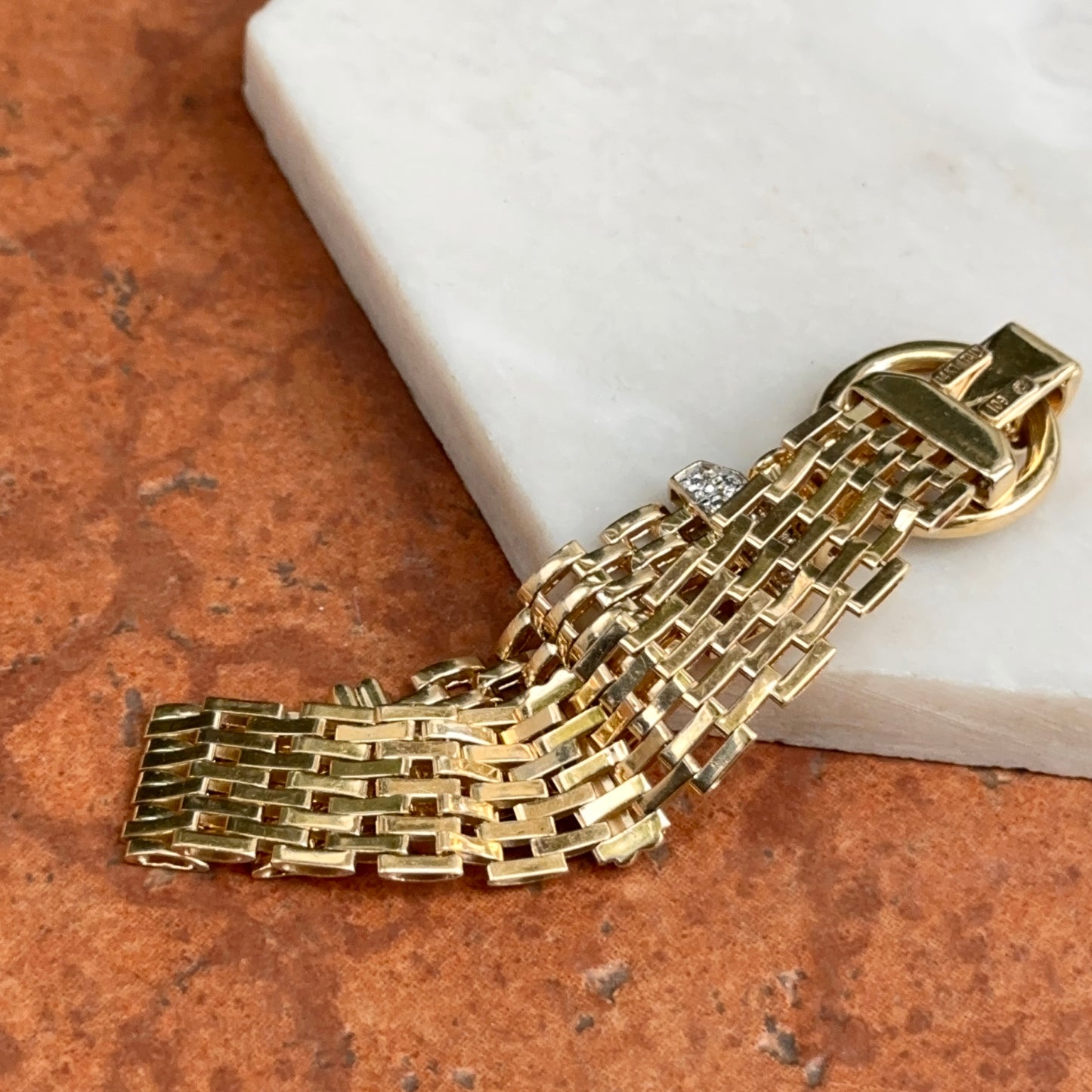 Estate 14KT Yellow Gold Panther Mesh Chain + Large Ring Clasp Diamond Bracelet