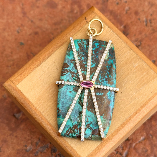 14KT Yellow Gold Rectangle Turquoise, Pink Sapphire, + Diamond Pendant