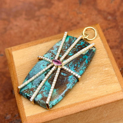 14KT Yellow Gold Rectangle Turquoise, Pink Sapphire, + Diamond Pendant