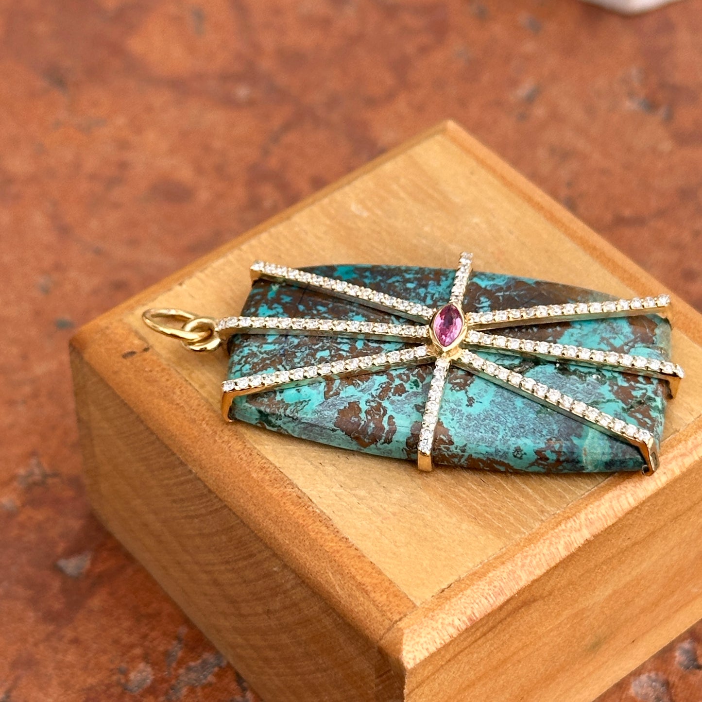 14KT Yellow Gold Rectangle Turquoise, Pink Sapphire, + Diamond Pendant