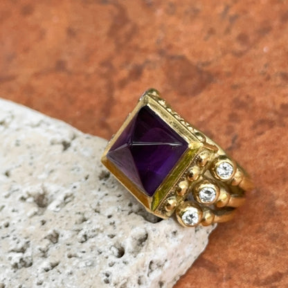 Estate 18KT Yellow Gold Sugarloaf Amethyst + Diamond RIng