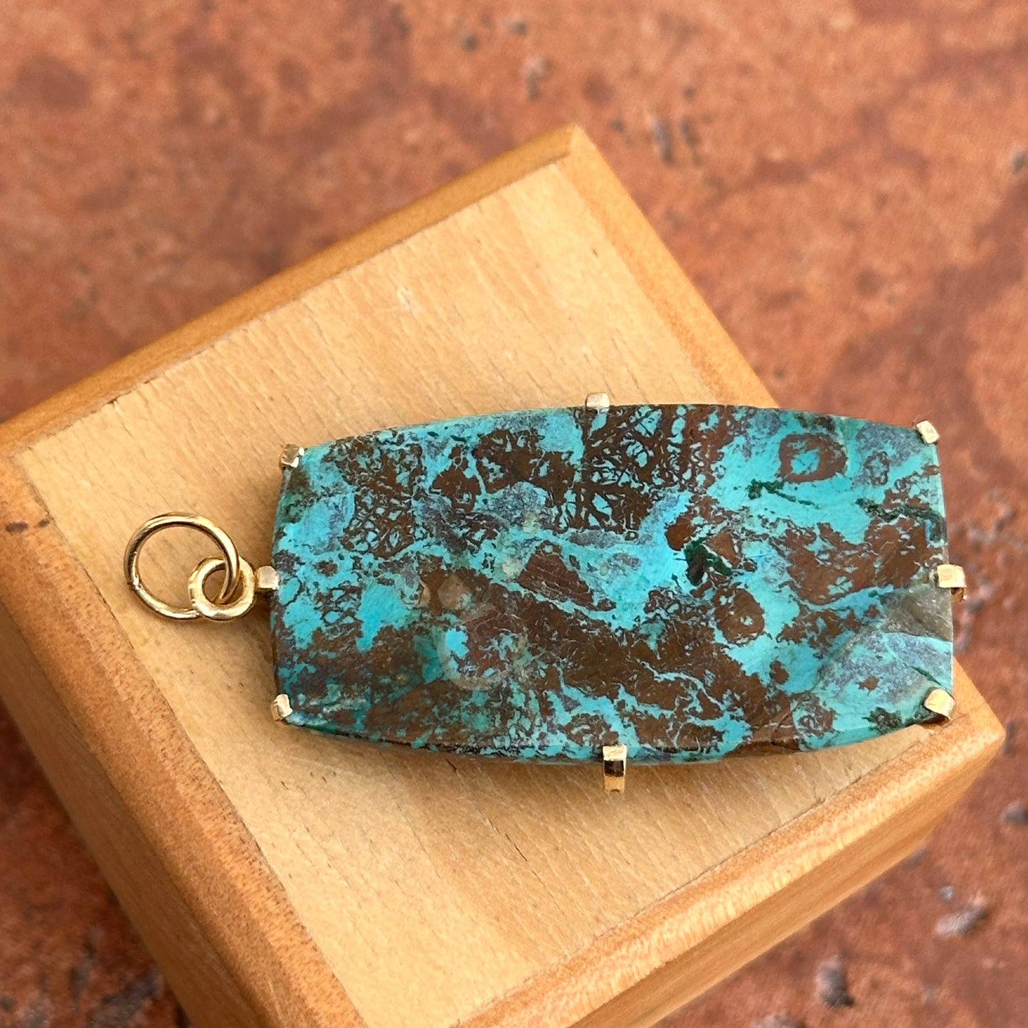 14KT Yellow Gold Rectangle Turquoise, Pink Sapphire, + Diamond Pendant