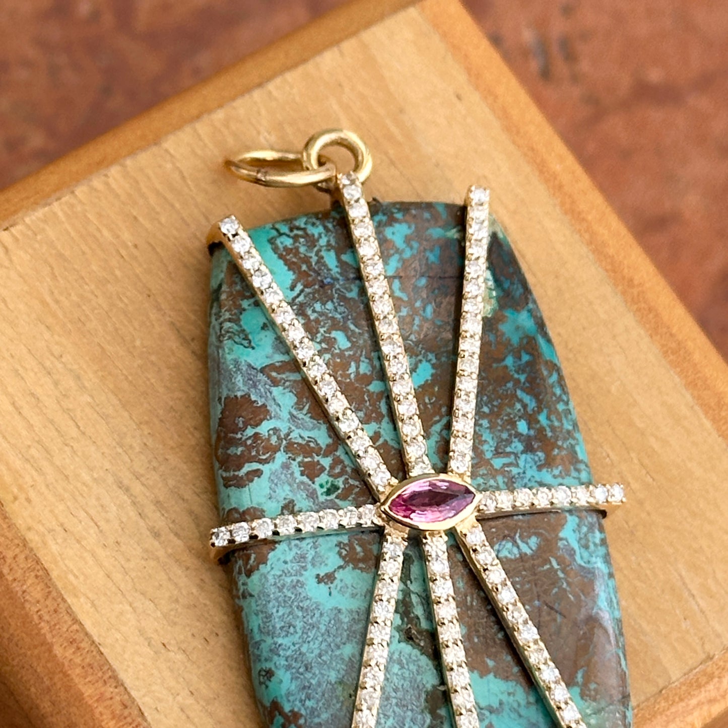 14KT Yellow Gold Rectangle Turquoise, Pink Sapphire, + Diamond Pendant