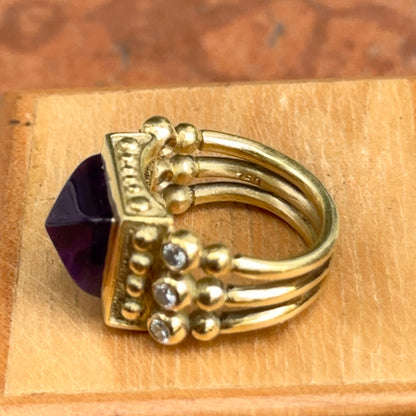 Estate 18KT Yellow Gold Sugarloaf Amethyst + Diamond RIng