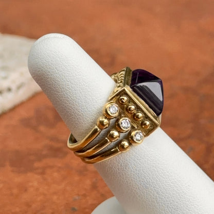 Estate 18KT Yellow Gold Sugarloaf Amethyst + Diamond RIng