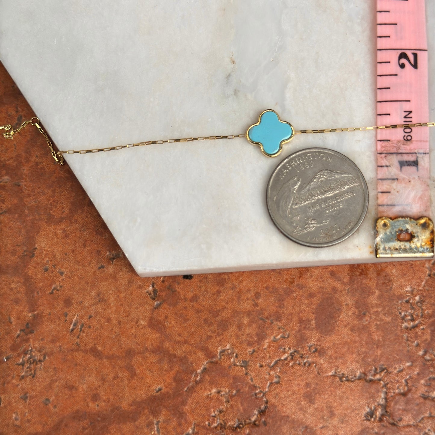 14KT Yellow Gold 12mm Turquoise Clover Station Paperclip Chain Bracelet