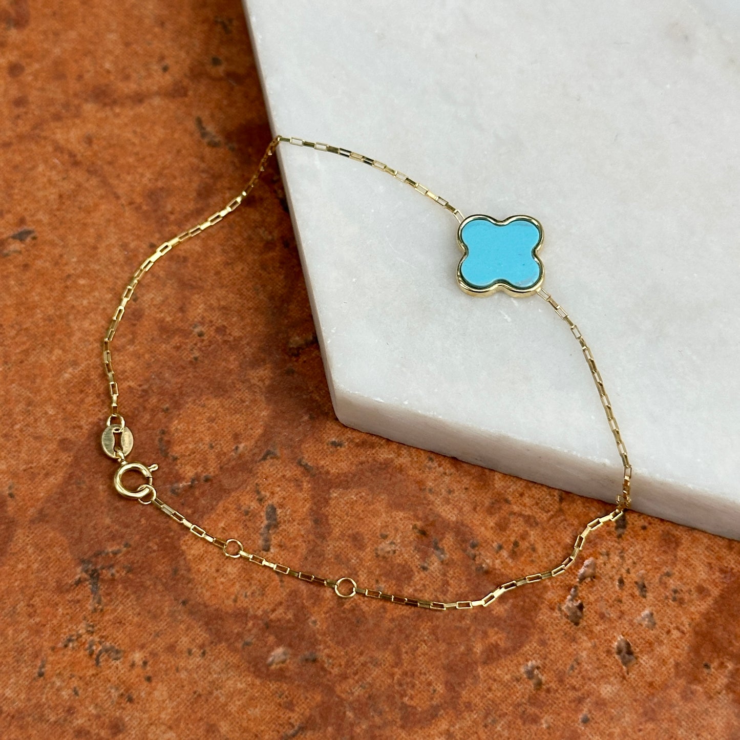 14KT Yellow Gold 12mm Turquoise Clover Station Paperclip Chain Bracelet