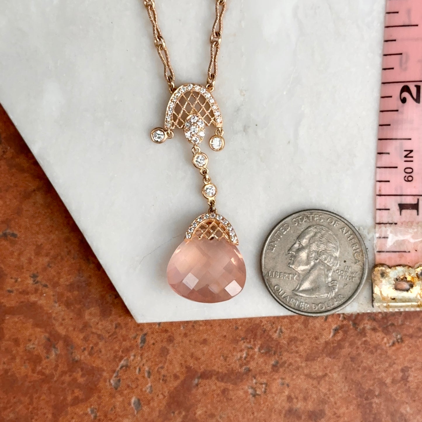 Estate 14KT Rose Gold Rose Quartz + Diamond Twisted Link Lariat Necklace