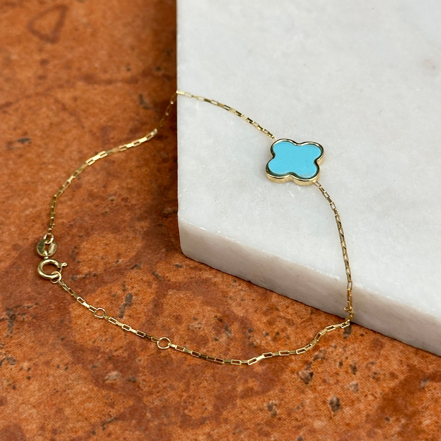 14KT Yellow Gold 12mm Turquoise Clover Station Paperclip Chain Bracelet