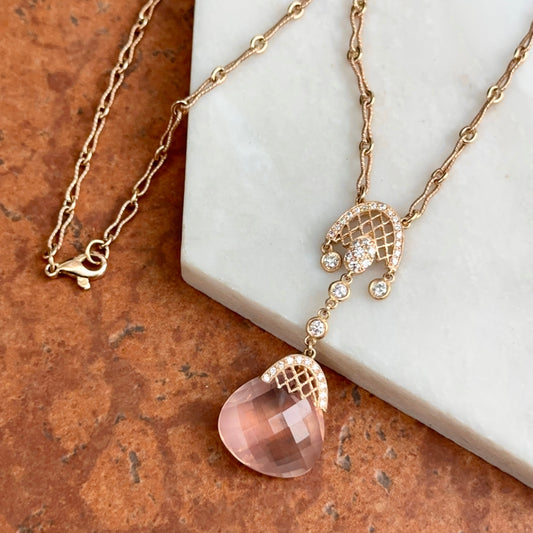 Estate 14KT Rose Gold Rose Quartz + Diamond Twisted Link Lariat Necklace