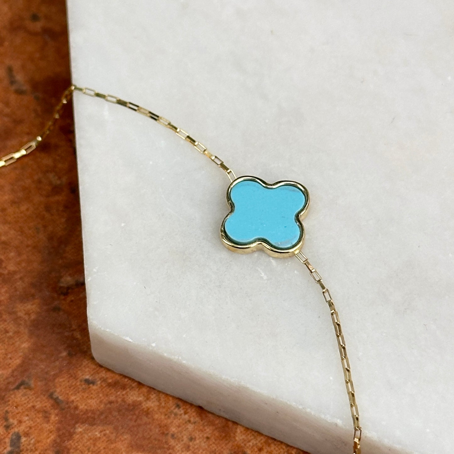 14KT Yellow Gold 12mm Turquoise Clover Station Paperclip Chain Bracelet