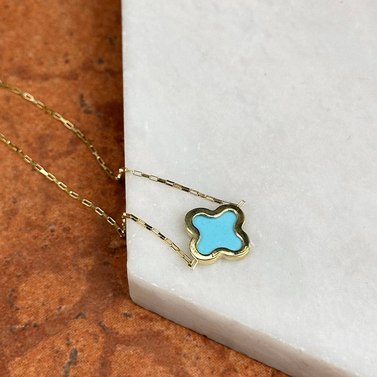 14KT Yellow Gold 12mm Turquoise Clover Station Paperclip Chain Bracelet