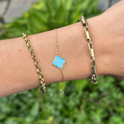14KT Yellow Gold 12mm Turquoise Clover Station Paperclip Chain Bracelet