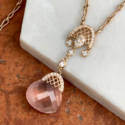Estate 14KT Rose Gold Rose Quartz + Diamond Twisted Link Lariat Necklace