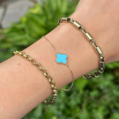 14KT Yellow Gold 12mm Turquoise Clover Station Paperclip Chain Bracelet