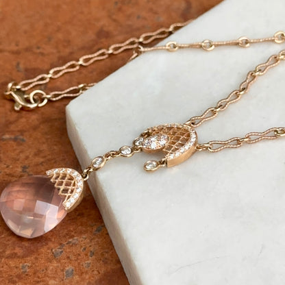 Estate 14KT Rose Gold Rose Quartz + Diamond Twisted Link Lariat Necklace