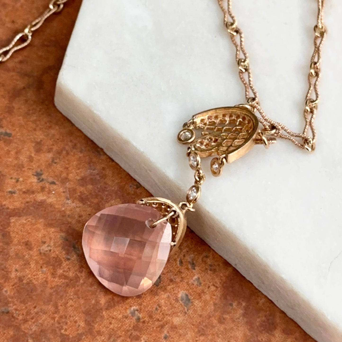 Estate 14KT Rose Gold Rose Quartz + Diamond Twisted Link Lariat Necklace