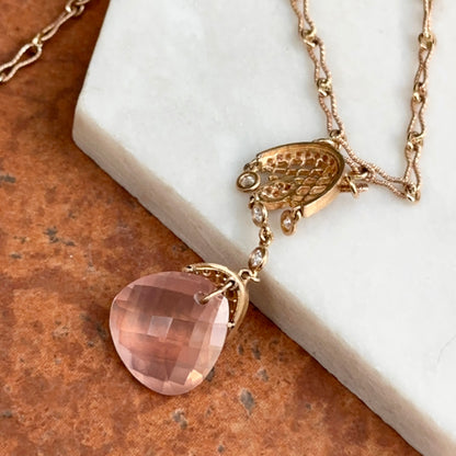 Estate 14KT Rose Gold Rose Quartz + Diamond Twisted Link Lariat Necklace