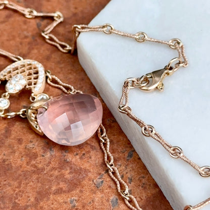 Estate 14KT Rose Gold Rose Quartz + Diamond Twisted Link Lariat Necklace