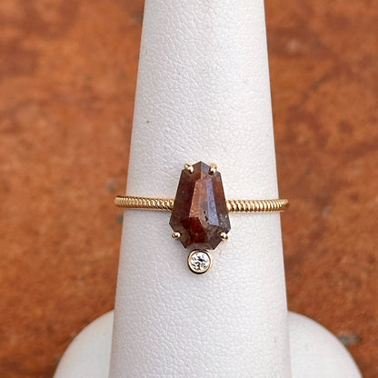 14KT Yellow Gold Coffin Red Salt & Pepper + Round White Diamond Ring - LSJ