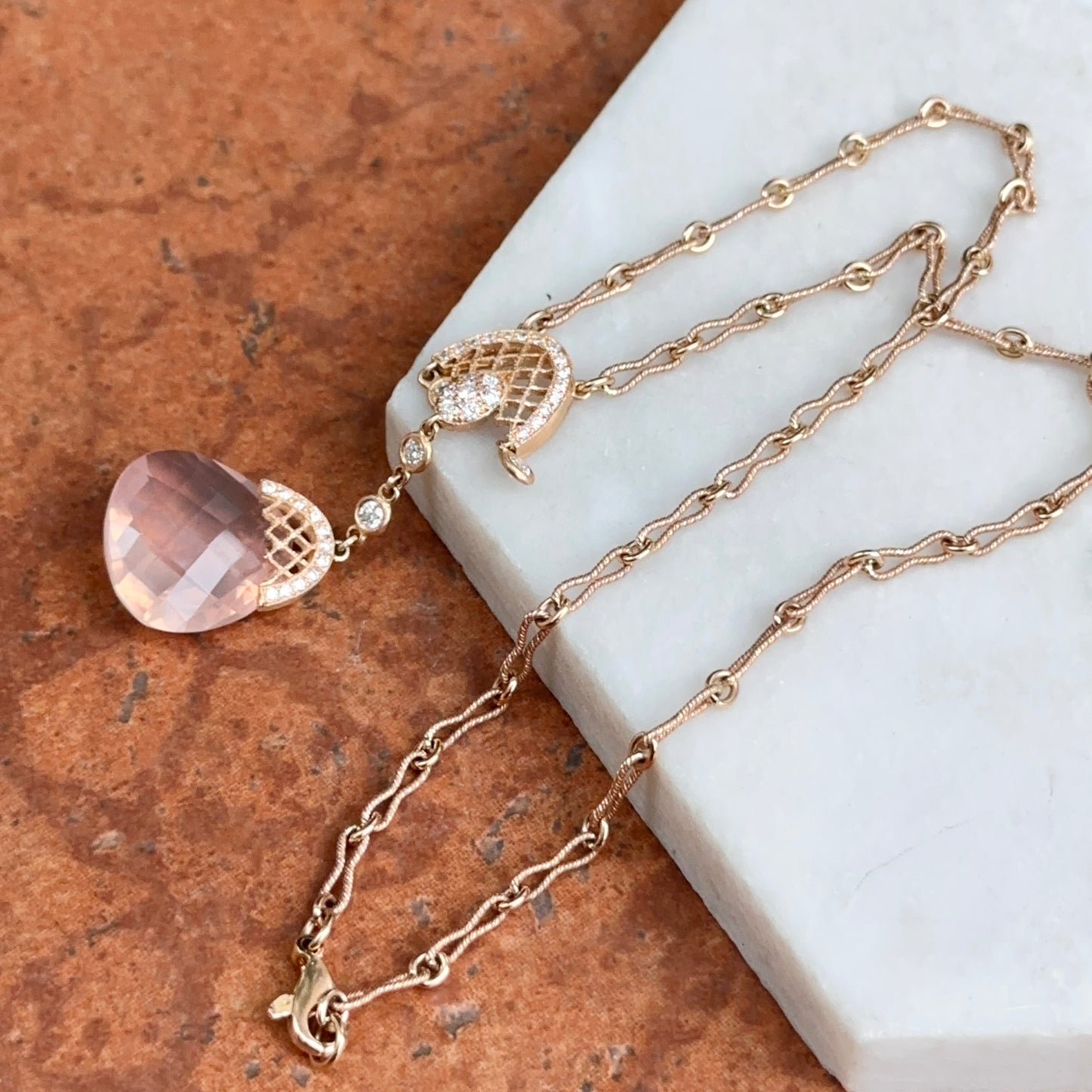 Estate 14KT Rose Gold Rose Quartz + Diamond Twisted Link Lariat Necklace
