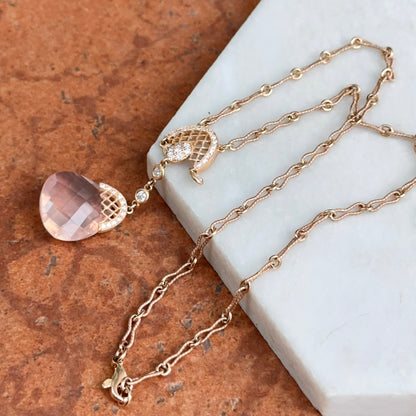 Estate 14KT Rose Gold Rose Quartz + Diamond Twisted Link Lariat Necklace