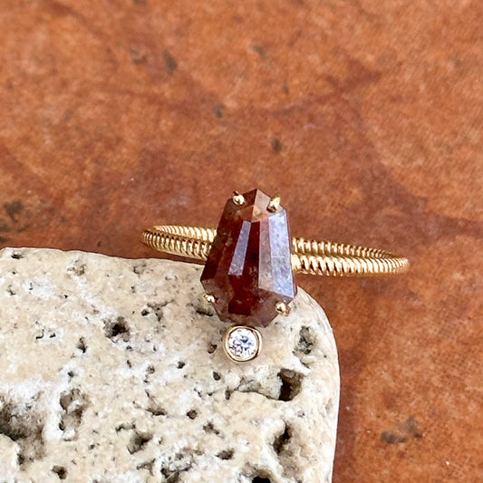 14KT Yellow Gold Coffin Red Salt & Pepper + Round White Diamond Ring