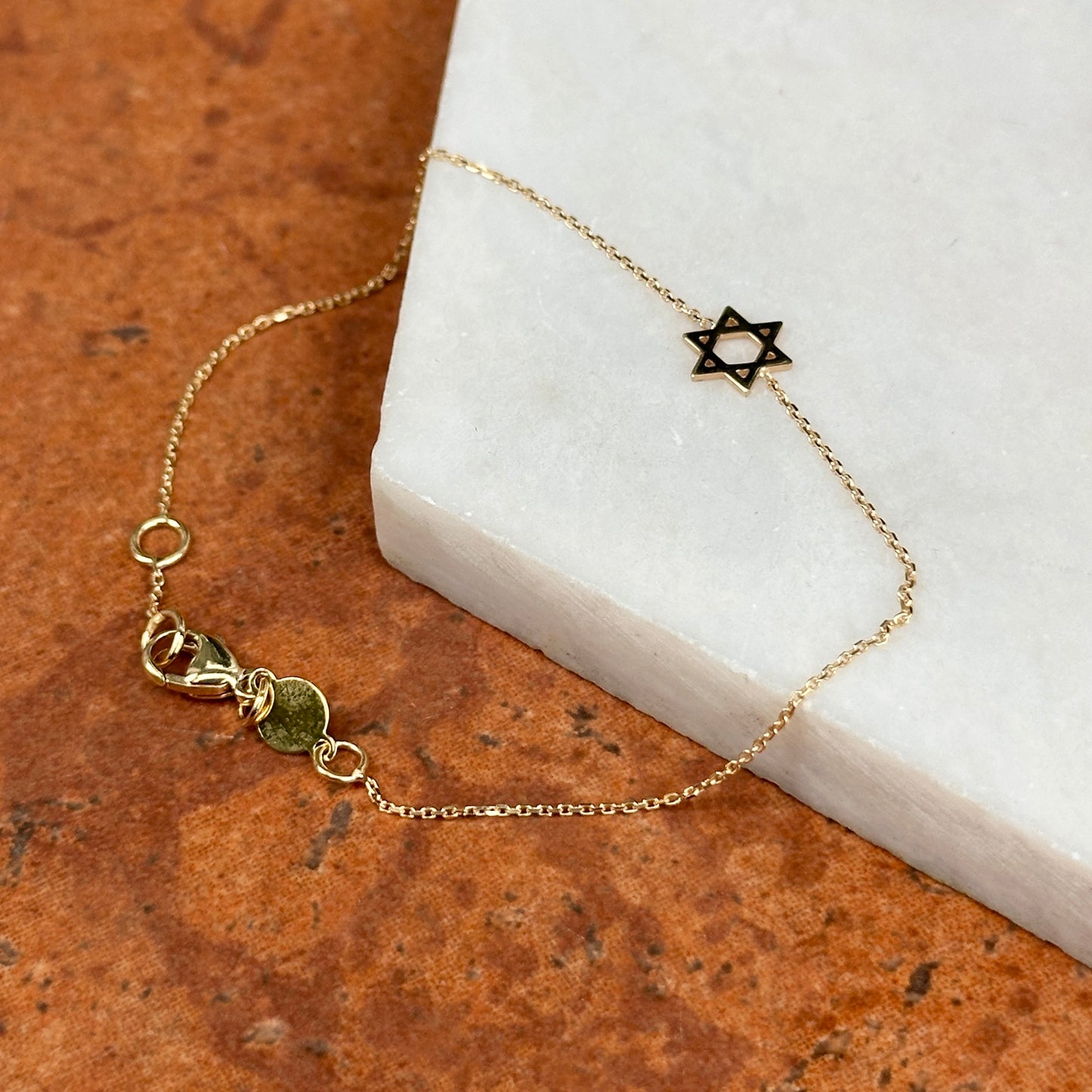 14KT Yellow Gold Small Star of David Judica Charm Station Chain Bracelet