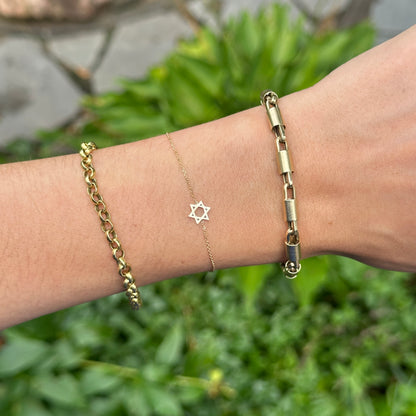 14KT Yellow Gold Small Star of David Judica Charm Station Chain Bracelet