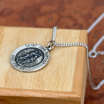 Sterling Silver Antiqued St John the Baptist Round Medal Necklace