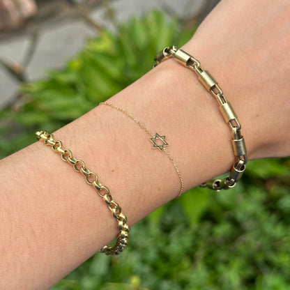 14KT Yellow Gold Small Star of David Judica Charm Station Chain Bracelet