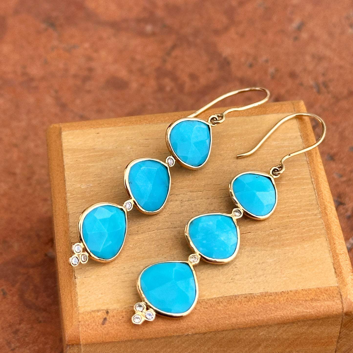 14KT Yellow Gold Sleeping Beauty Turquoise + Diamond Earrings