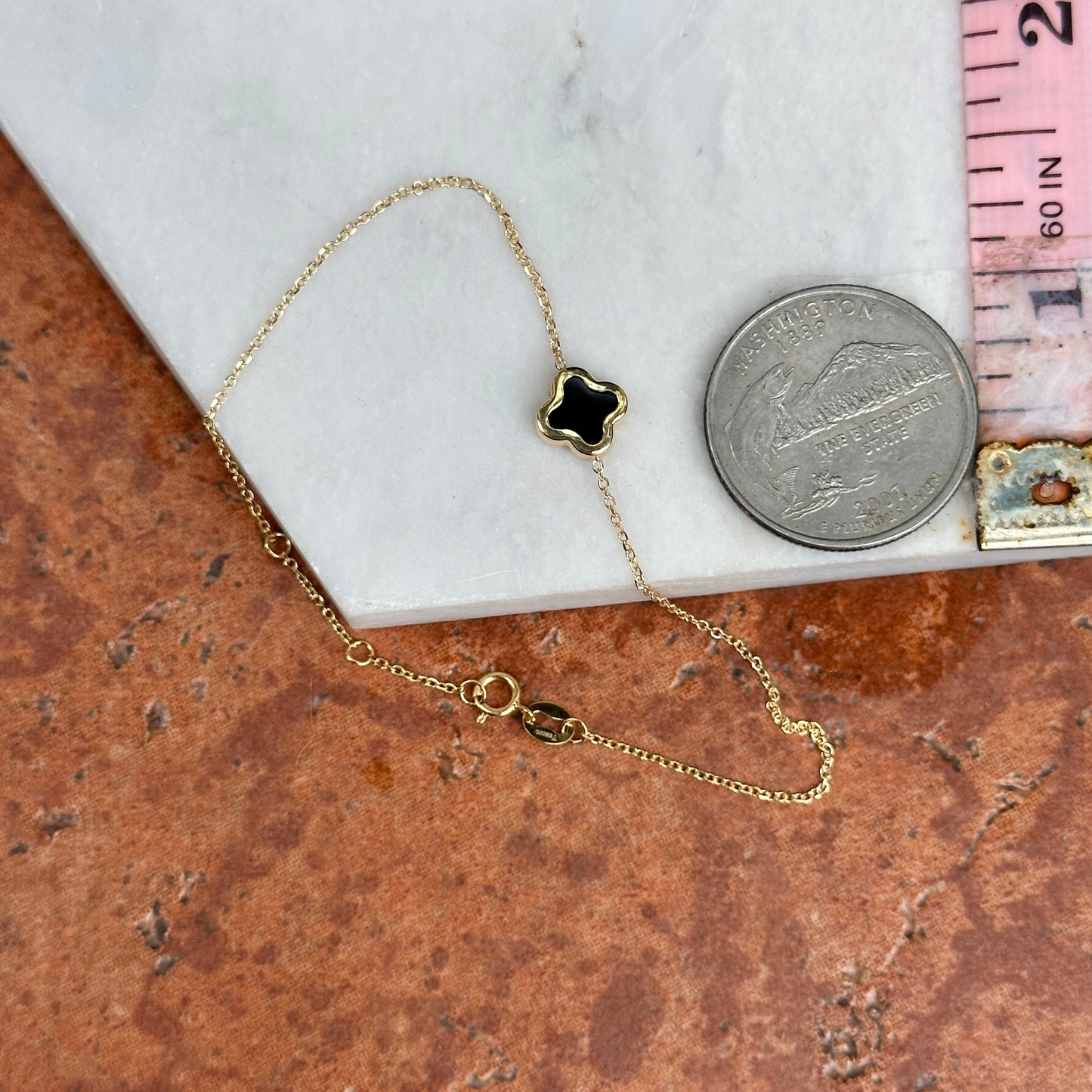 14KT Yellow Gold 8mm Black Onyx Clover Station Chain Bracelet