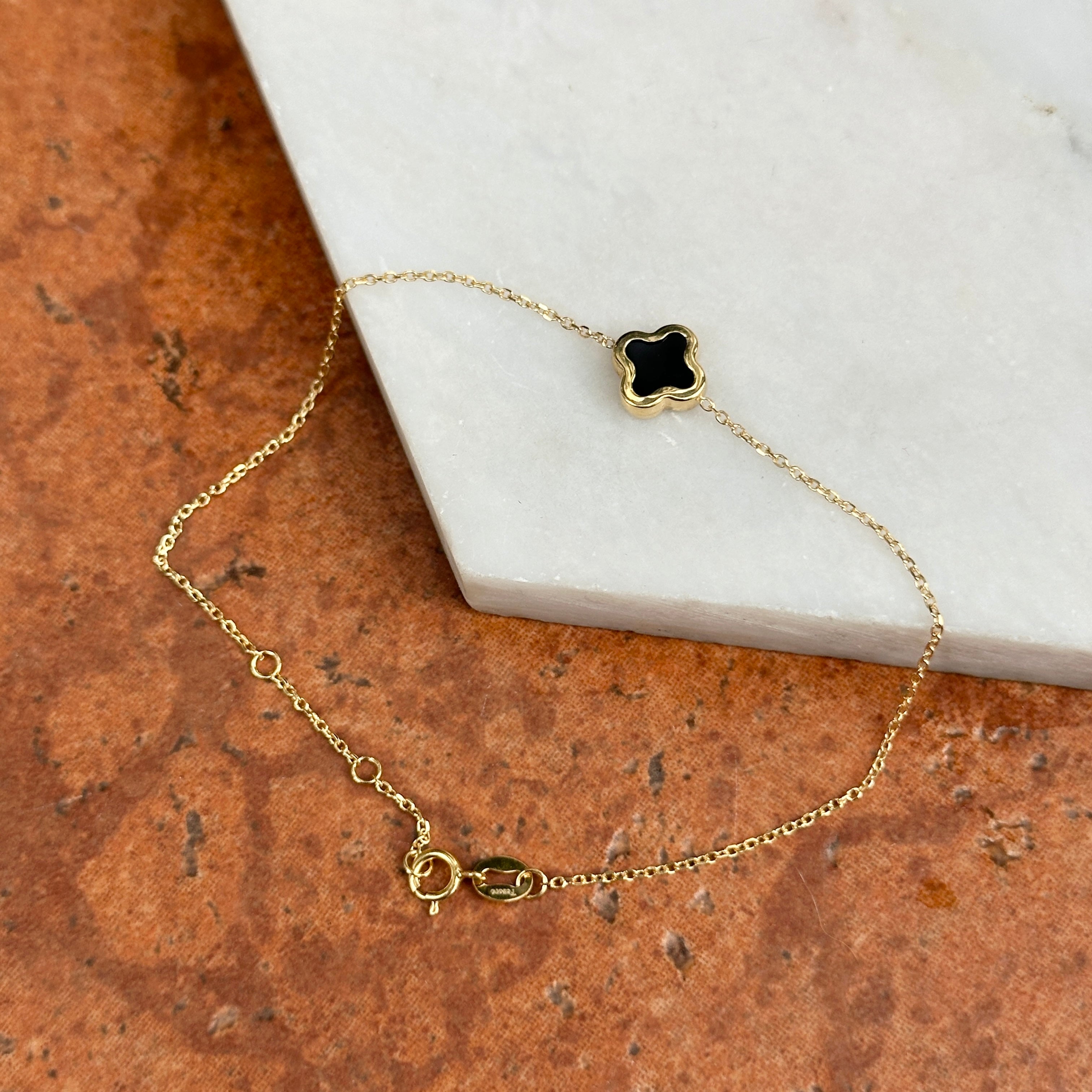 14KT Yellow Gold 8mm Black Onyx Clover Station Chain Bracelet – LSJ
