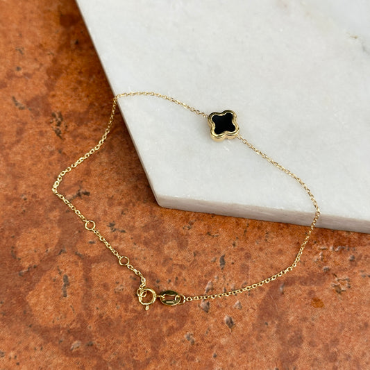 14KT Yellow Gold 8mm Black Onyx Clover Station Chain Bracelet