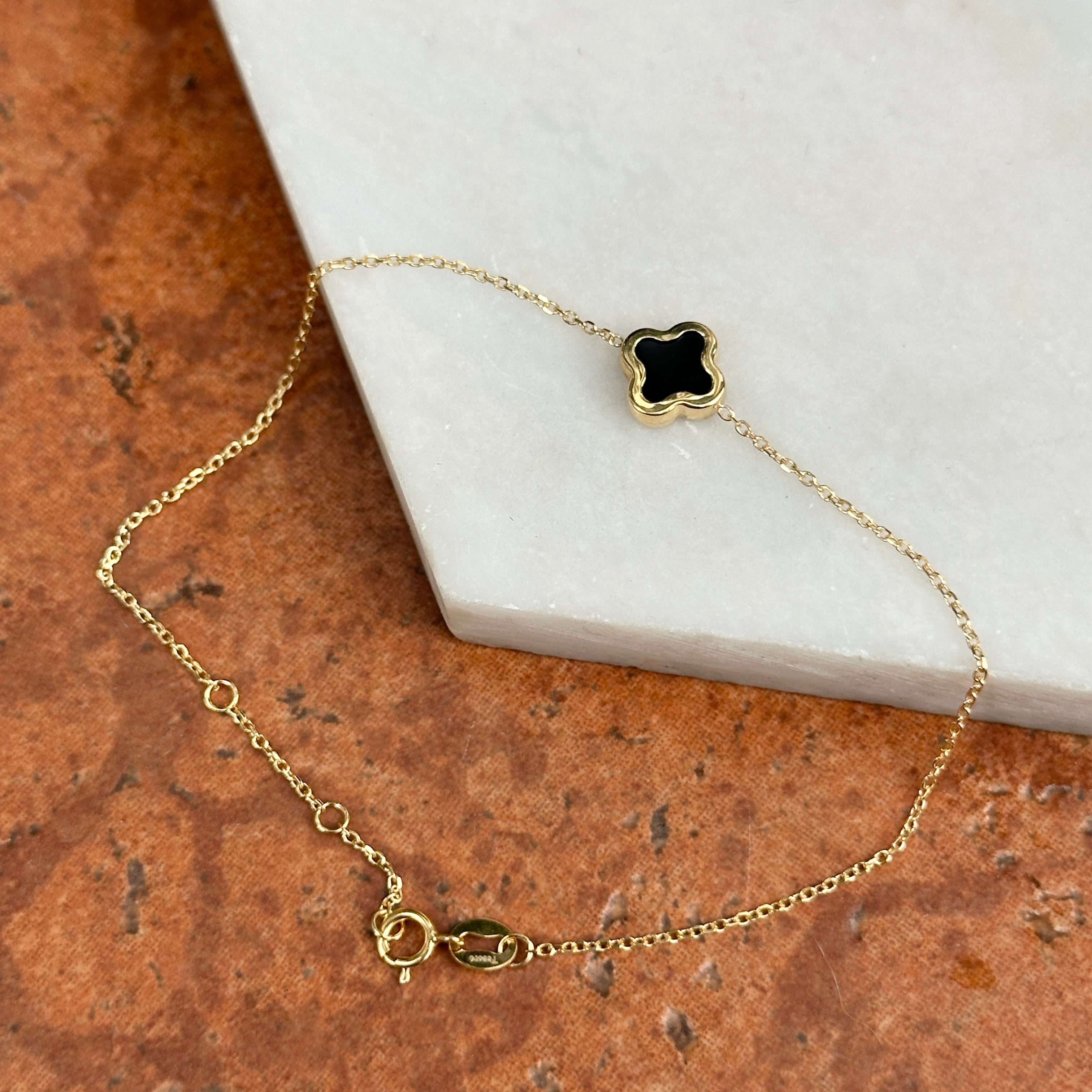 14KT Yellow Gold 8mm Black Onyx Clover Station Chain Bracelet – LSJ
