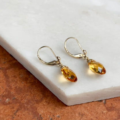 Estate 18KT Yellow Gold Briolette Citrine Lever Back Earrings
