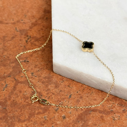 14KT Yellow Gold 8mm Black Onyx Clover Station Chain Bracelet