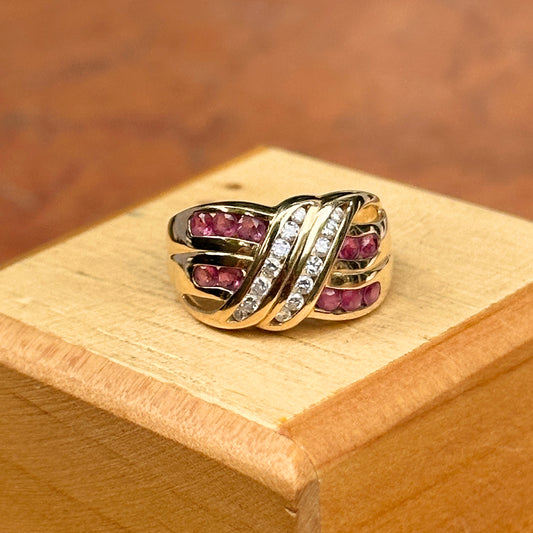Estate 14KT Yellow Gold Channel-Set Ruby + Diamond Band Ring