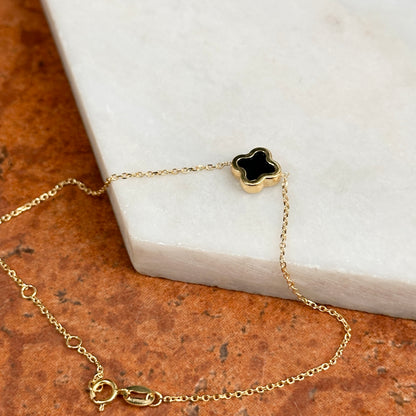 14KT Yellow Gold 8mm Black Onyx Clover Station Chain Bracelet