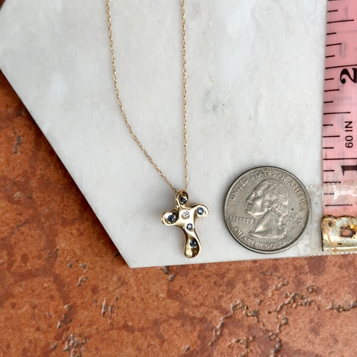 Estate 14KT Yellow Gold Sapphire + Diamond Cross Slide Necklace